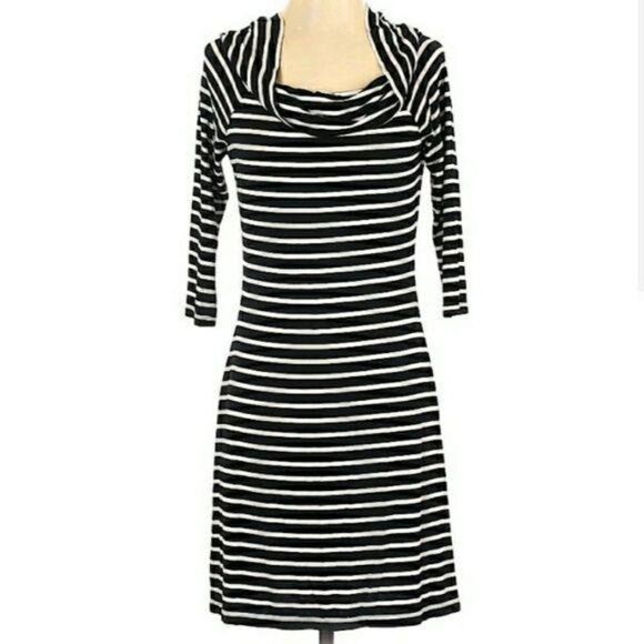 WHBM Dress Bodycon Off Shoulder Stretch 1/2 Sleeve Mini Knit Black Striped S - Picture 1 of 10